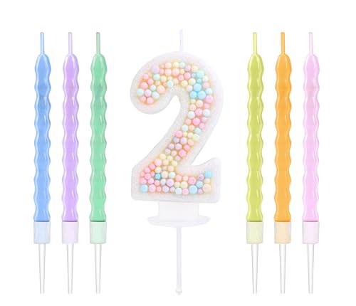 EAKE 2 Geburtstagskerzen Macaron Glitzer 3D Zahl 2 Kerzen mit 6 Stück Regenbogenperlen Kerzen für Geburtstagskuchen Mädchen Frauen Süßes Thema 2. Geburtstag Kuchen Topper Party Dekoration von EAKE