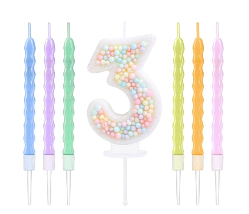 EAKE 3 Geburtstagskerzen, Macaron-Glitzer, 3D-Zahl 3, Kerzen mit 6 Regenbogen-Perlenkerzen für Geburtstagskuchen, Mädchen, Frauen, süßes Thema, 3. Geburtstag, Kuchendekoration, Party-Dekoration von EAKE