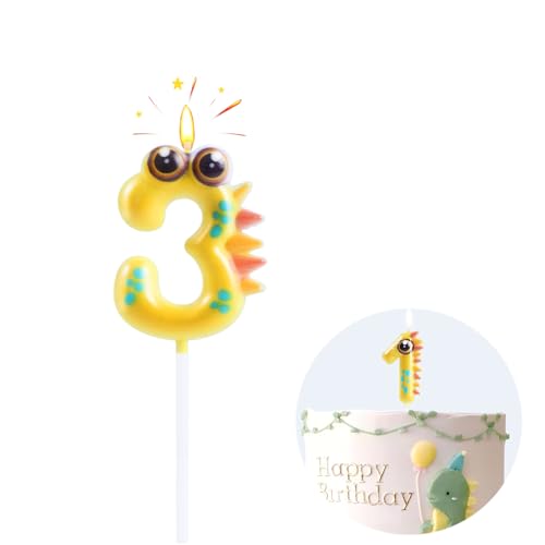 EAKE 3 Geburtstagskerzen, gelber Dinosaurier, Zahl 3, für Babys, Kinder, Partyzubehör, Feier-Dekoration EAKE 3 Geburtstagskerzen, gelber Dinosaurier, Zahl 3, für Babys, Kinder, Partyzubehör, Feier-Dekoration von EAKE