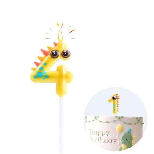 EAKE 4 Geburtstagskerzen, gelber Dinosaurier-Zahlen-Kuchenaufsatz für Babys, Kinder, Happy 4th Birthday, Partyzubehör, Feier-Dekoration von EAKE