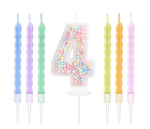 EAKE 4 Geburtstagskerzen Macaron Glitzer 3D Zahl 4 Kerzen mit 6 Stück Regenbogenperlen Kerzen für Geburtstagskuchen Mädchen Frauen Süßes Thema 4. Geburtstag Kuchen Topper Party Dekoration von EAKE
