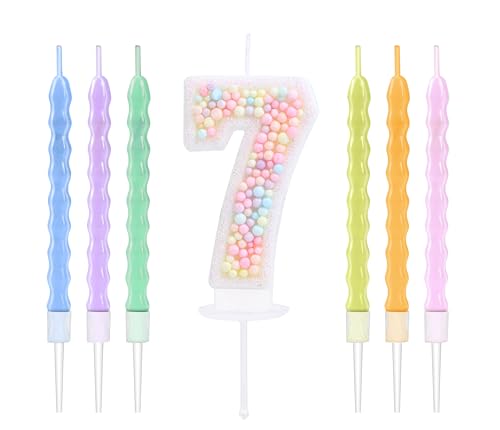 EAKE 7 Geburtstagskerzen, Macaron-Glitzer, 3D-Zahl 7, Kerzen mit 6 Stück Regenbogen-Perlenkerzen für Geburtstagskuchen, Mädchen, Frauen, süßes Thema, 7. Geburtstag, Kuchendekoration, Party-Dekoration EAKE 7 Geburtstagskerzen, Macaron-Glitzer, 3D-Zahl 7, Kerzen mit 6 Stück Regenbogen-Perlenkerzen für Geburtstagskuchen, Mädchen, Frauen, süßes Thema, 7. Geburtstag, Kuchendekoration, Party-Dekoration von EAKE
