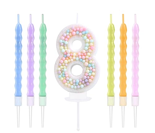 EAKE 8 Geburtstagskerzen, Macaron-Glitzer, 3D-Zahl 8, Kerzen mit 6 Stück Regenbogen-Perlenkerzen für Geburtstagskuchen, Mädchen, Frauen, süßes Thema, 8. Geburtstag, Kuchendekoration, Party-Dekoration EAKE 8 Geburtstagskerzen, Macaron-Glitzer, 3D-Zahl 8, Kerzen mit 6 Stück Regenbogen-Perlenkerzen für Geburtstagskuchen, Mädchen, Frauen, süßes Thema, 8. Geburtstag, Kuchendekoration, Party-Dekoration von EAKE