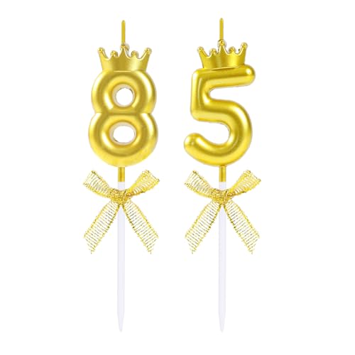 EAKE 85 & 58 Geburtstagskerzen mit Krone, 3D Goldene Zahl 85 Kerze Cake Topper mit Krone für Happy 85th 58th Birthday Wedding Anniversary Party Feier Dekoration von EAKE