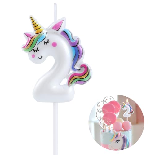EAKE Einhorn-Geburtstagskerzen, 2 Einhorn-Kuchenaufsätze, Dekoration für Happy 2nd Birthday, Party-Zubehör, Einhorn-Geburtstagsdekoration, schlafendes Einhorn mit lebendigen Regenbogenfarben von EAKE