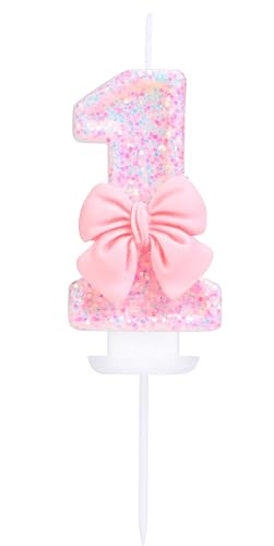 EAKE Geburtstagskerze Nummer 1, rosa Glitzer mit 3D-Schleife, 1 Kerze, Geburtstag, Mädchen, Frauen, pastell, süßes Thema, 1. Geburtstag, Hochzeit, Jahrestag, Party, Kuchendekoration EAKE Geburtstagskerze Nummer 1, rosa Glitzer mit 3D-Schleife, 1 Kerze, Geburtstag, Mädchen, Frauen, pastell, süßes Thema, 1. Geburtstag, Hochzeit, Jahrestag, Party, Kuchendekoration von EAKE