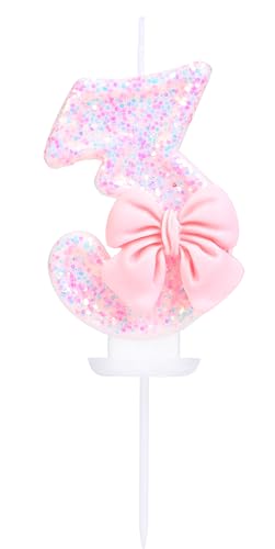 EAKE Geburtstagskerze Nummer 3, rosa Glitzer mit 3D-Schleife, 3 Kerzen, Geburtstag, Mädchen, Frauen, pastellfarben, süßes Thema, 3. Geburtstag, Hochzeit, Jahrestag, Party, Kuchendekoration EAKE Geburtstagskerze Nummer 3, rosa Glitzer mit 3D-Schleife, 3 Kerzen, Geburtstag, Mädchen, Frauen, pastellfarben, süßes Thema, 3. Geburtstag, Hochzeit, Jahrestag, Party, Kuchendekoration von EAKE