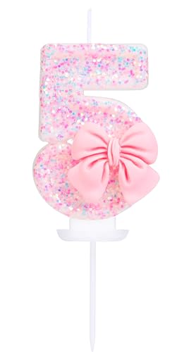 EAKE Geburtstagskerze Zahl 5 rosa Glitzer mit 3D Bowknot 5 Kerze Geburtstag Mädchen Frauen Pastell Süßes Thema 5. Geburtstag Hochzeit Jahrestag Party Kuchen Dekoration EAKE Geburtstagskerze Zahl 5 rosa Glitzer mit 3D Bowknot 5 Kerze Geburtstag Mädchen Frauen Pastell Süßes Thema 5. Geburtstag Hochzeit Jahrestag Party Kuchen Dekoration von EAKE
