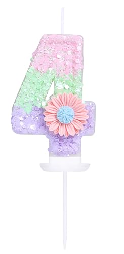 EAKE Geburtstagskerze mit Blume, Zahl 4, Candy Macaron, Glitzer, 4 Kerzen, Geburtstag, Mädchen, Frauen, süßes Thema, 4. Geburtstag, Hochzeit, Jahrestag, Party, Kuchendekoration, Dekoration EAKE Geburtstagskerze mit Blume, Zahl 4, Candy Macaron, Glitzer, 4 Kerzen, Geburtstag, Mädchen, Frauen, süßes Thema, 4. Geburtstag, Hochzeit, Jahrestag, Party, Kuchendekoration, Dekoration von EAKE