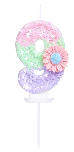 EAKE Geburtstagskerze mit Blume, Zahl 9 mit Blume, Candy Macaron Glitter 9 Kerze, Geburtstag, Mädchen, Frauen, süßes Thema, 9. Geburtstag, Hochzeit, Jahrestag, Party, Kuchendekoration, Dekoration von EAKE