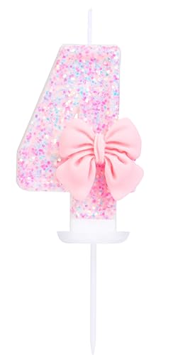 EAKE Geburtstagskerze mit Zahl 4, rosa Glitzer mit 3D-Schleife, 4 Kerzen, Geburtstag, Mädchen, Frauen, pastell, süßes Thema, 4. Geburtstag, Hochzeit, Jahrestag, Party, Kuchendekoration EAKE Geburtstagskerze mit Zahl 4, rosa Glitzer mit 3D-Schleife, 4 Kerzen, Geburtstag, Mädchen, Frauen, pastell, süßes Thema, 4. Geburtstag, Hochzeit, Jahrestag, Party, Kuchendekoration von EAKE