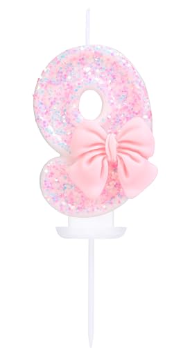 EAKE Geburtstagskerze mit Zahl 9, rosa Glitzer mit 3D-Schleife, 9 Kerze, Geburtstag, Mädchen, Frauen, Pastell, süßes Thema, 9. Geburtstag, Hochzeitstag, Party, Kuchendekoration von EAKE