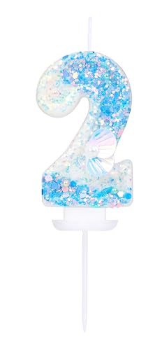 EAKE Geburtstagskerze mit der Zahl 2, 3D-Motiv "Oneder The Ocean", Kerzen für Jungen, Mädchen, Kleinkinder, 2. Geburtstag, Kuchendekoration, Meeresblau, Party-Dekoration mit Perlen und EAKE Geburtstagskerze mit der Zahl 2, 3D-Motiv "Oneder The Ocean", Kerzen für Jungen, Mädchen, Kleinkinder, 2. Geburtstag, Kuchendekoration, Meeresblau, Party-Dekoration mit Perlen und von EAKE