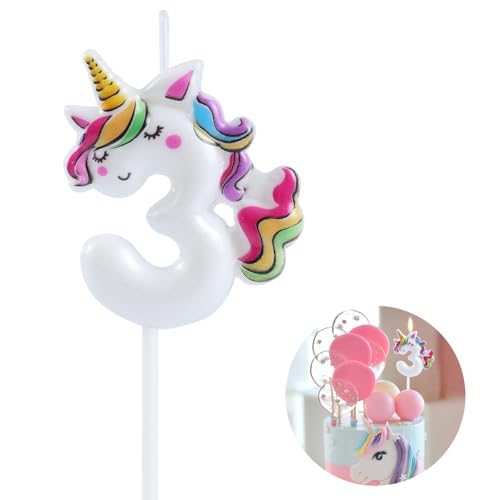 EAKE Geburtstagskerze mit der Zahl 3, Einhorn 3, Kuchendekoration, Dekoration für Happy 3rd Birthday, Party-Zubehör, Einhorn-Geburtstagsdekoration, schlafendes Einhorn mit drei lebendigen von EAKE