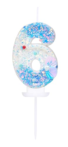 EAKE Geburtstagskerze mit der Zahl 6, 3D-Motiv "Oneder The Ocean", Kerzen für Jungen, Mädchen, Kleinkinder, 6. Geburtstag, Kuchendekoration, Meeresblau, Party-Dekoration mit Perlen und EAKE Geburtstagskerze mit der Zahl 6, 3D-Motiv "Oneder The Ocean", Kerzen für Jungen, Mädchen, Kleinkinder, 6. Geburtstag, Kuchendekoration, Meeresblau, Party-Dekoration mit Perlen und von EAKE