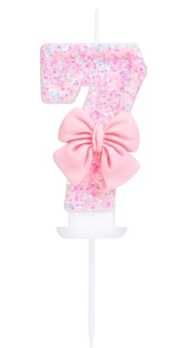 EAKE Geburtstagskerze mit der Zahl 7, rosa Glitzer mit 3D-Schleife, 7 Kerze, Geburtstag, Mädchen, Frauen, Pastell, süßes Thema, 7. Geburtstag, Hochzeit, Jahrestag, Party, Kuchendekoration EAKE Geburtstagskerze mit der Zahl 7, rosa Glitzer mit 3D-Schleife, 7 Kerze, Geburtstag, Mädchen, Frauen, Pastell, süßes Thema, 7. Geburtstag, Hochzeit, Jahrestag, Party, Kuchendekoration von EAKE
