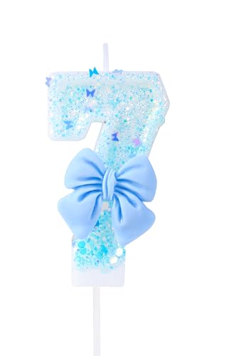 EAKE Geburtstagskerze mit der Zahl 7 mit blauen Pailletten und Fliege, blaue 7 Kuchendekoration, Dekoration für Mädchen, pastellfarben, süßes Thema, Geburtstagsparty oder Erwachsene, Meilensteinalter von EAKE