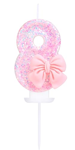 EAKE Geburtstagskerze mit der Zahl 8, rosa Glitzer mit 3D-Schleife, 8 Kerze, Geburtstag, Mädchen, Frauen, Pastell, süßes Thema, 8. Geburtstag, Hochzeitstag, Party, Kuchendekoration EAKE Geburtstagskerze mit der Zahl 8, rosa Glitzer mit 3D-Schleife, 8 Kerze, Geburtstag, Mädchen, Frauen, Pastell, süßes Thema, 8. Geburtstag, Hochzeitstag, Party, Kuchendekoration von EAKE