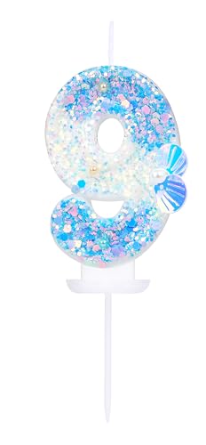 EAKE Geburtstagskerze mit der Zahl 9, 3D-Motiv "Oneder The Ocean", Kerzen für Jungen, Mädchen, Kleinkinder, 9. Geburtstag, Kuchendekoration, Meeresblau, Partydekoration mit Perlen und EAKE Geburtstagskerze mit der Zahl 9, 3D-Motiv "Oneder The Ocean", Kerzen für Jungen, Mädchen, Kleinkinder, 9. Geburtstag, Kuchendekoration, Meeresblau, Partydekoration mit Perlen und von EAKE