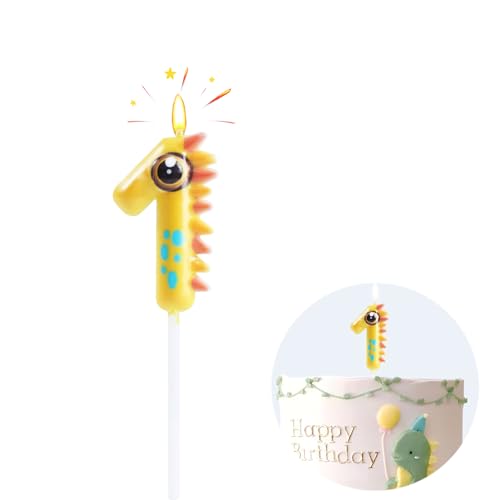 EAKE Geburtstagskerze mit gelbem Dinosaurier-Motiv, Zahl 1, für Babys, Kinder, Happy 1. Geburtstag, Partyzubehör, Feier-Dekoration von EAKE