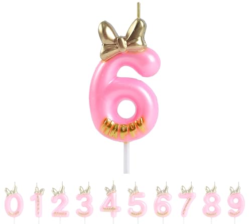 EAKE Geburtstagskerzen, Nummer 6, mit Schleife, Fliege und metallisch-goldener Geburtstagskerze zum 6. Geburtstag, für Happy 6th Mouse, Kuchendekoration, Party-Dekorationen (11,9 cm) von EAKE