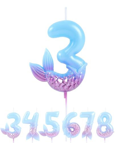 EAKE Geburtstagskerzen mit der Zahl 3, verträumte blau-violette Meerjungfrau, Nummer 3, für Mädchen, Happy 3th Mermaid, Geburtstagsparty-Dekoration, 3 Stück von EAKE