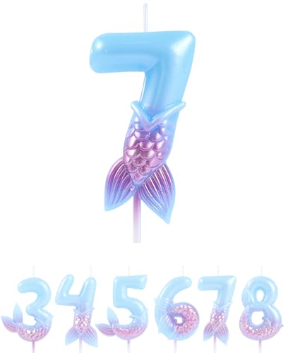 EAKE Kerze mit der Zahl 7, Traumhafte blau-violette Meerjungfrau zum 7. Geburtstag, Kuchendekoration für Mädchen, Happy 7th Mermaid Thema, Geburtstagsparty-Dekoration von EAKE
