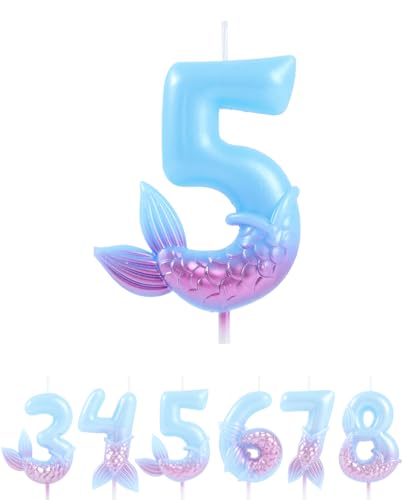 EAKE Meerjungfrau-Kerzen, 5 Geburtstagskerzen, verträumtes Blau, Lila, Zahl 4, für Mädchen, Happy 5th Mermaid Thema, Geburtstagsparty, Zubehör, Dekorationen EAKE Meerjungfrau-Kerzen, 5 Geburtstagskerzen, verträumtes Blau, Lila, Zahl 4, für Mädchen, Happy 5th Mermaid Thema, Geburtstagsparty, Zubehör, Dekorationen von EAKE