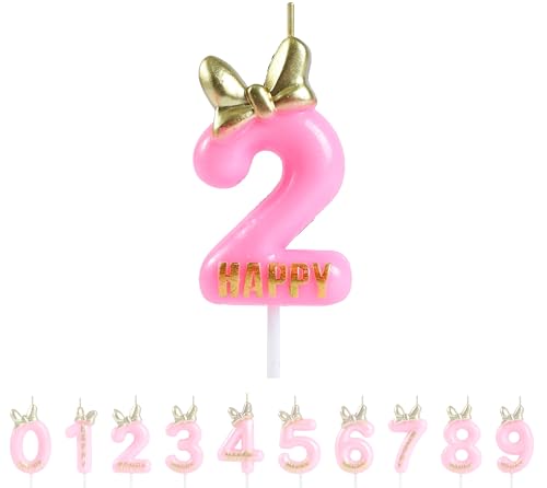 EAKE Rosa Geburtstagskerzen Nummer 2 mit Schleife, Schleife und Schleife und metallisch-goldenem Mini-Happy Letter für Happy 2nd Mouse Thema Geburtstag Kuchen Topper Party Supplies Dekorationen (11,9 von EAKE