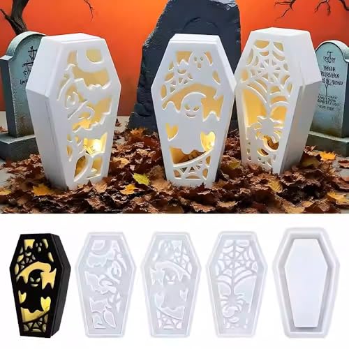 Silikonformen Gießformen, Halloween Silikonform 4 Teilig Sarg Gießformen Silikon Mit Geist Und Fledermaus Für Gips Zum Gießen Harz Kerzen Und Herbstdekoration von EALRIDV