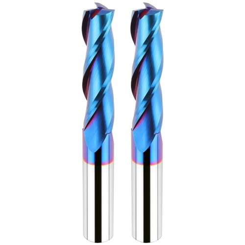 Spiralfräser-Bit, 3 Rillen mit 1,27 cm Schaft, extra lang (10,2 cm), 1,27 cm Schnittdurchmesser, 5,1 cm Schnittlänge, Hartmetall-CNC-Fräser-Bits, blau, Nano-NACO-beschichteter Schaftfräser, 2 Stück von EANOSIC