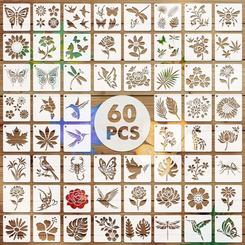 EAPIKON 60stk Blume Vogel Schablone Malen, 7.62cm Wiederverwendbar Zeichenschablonen für Acryl-Malerei Art Deko, Vorlagen Insekt Schmetterling für Holz Leinwand Scrapbooking, Wanddekoration von EAPIKON
