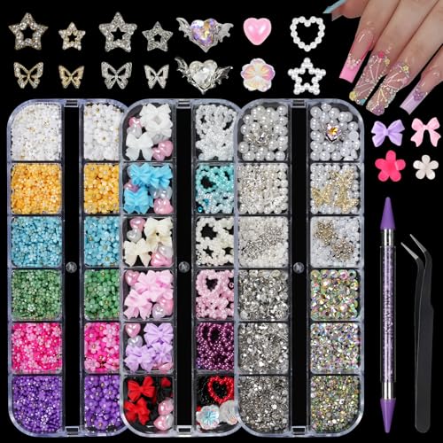 EARLMONI Strasssteine Nägel mit 3D Blume Bogen Herz Nagel Charms Bunt, Weiß Beige Mini Nagelperlen, Goldene Silber Nailart Perlen Micro Kaviar für Nägel und Strass Picker Punktierstift - 3 Karton EARLMONI Strasssteine Nägel mit 3D Blume Bogen Herz Nagel Charms Bunt, Weiß Beige Mini Nagelperlen, Goldene Silber Nailart Perlen Micro Kaviar für Nägel und Strass Picker Punktierstift - 3 Karton von EARLMONI