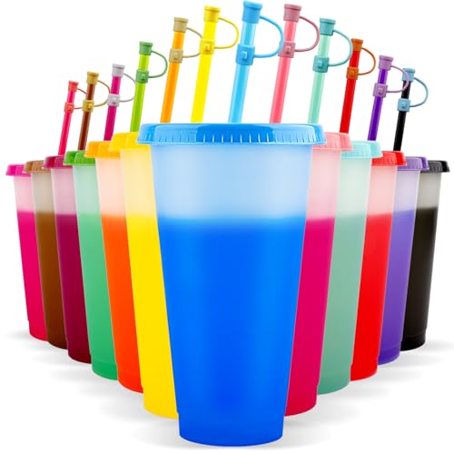 12 Stück Plastikbecher Trinkbecher Becher mit Deckel & Strohhalm Abdeckung - 710ml Mehrweg Tasse Farbwechselbecher Kaffeebecher to go Becher für Eiskaffee Kaltes Trinken Smoothie (mit Stroh Abdeckung) 12 Stück Plastikbecher Trinkbecher Becher mit Deckel & Strohhalm Abdeckung - 710ml Mehrweg Tasse Farbwechselbecher Kaffeebecher to go Becher für Eiskaffee Kaltes Trinken Smoothie (mit Stroh Abdeckung) von EASEVE