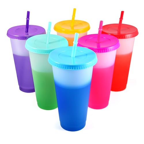 6 Stück Plastikbecher Trinkbecher Becher mit Strohhalm & Deckel - 710ml Groß Tasse Farbwechselbecher Kaffeebecher to go Becher Mehrweg Travel Tumbler für Eiskaffee Kaltes Trinken Smoothie Saft 6 Stück Plastikbecher Trinkbecher Becher mit Strohhalm & Deckel - 710ml Groß Tasse Farbwechselbecher Kaffeebecher to go Becher Mehrweg Travel Tumbler für Eiskaffee Kaltes Trinken Smoothie Saft von EASEVE