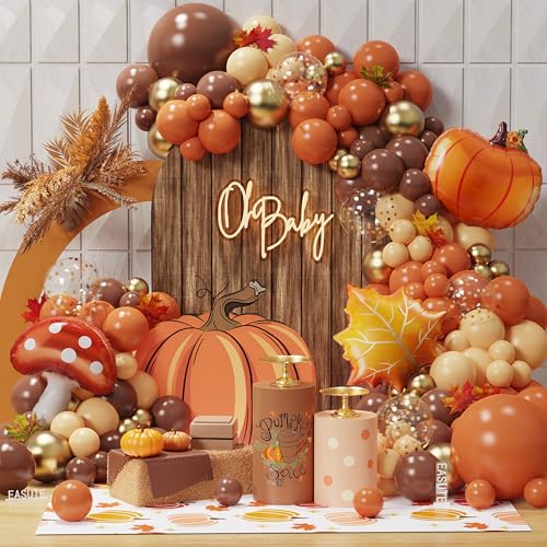 134-teiliges Ballonbogen-Set mit gebrannten orangefarbenen, kaffeebraunen Luftballons, Girlande mit Kürbis, Ahornblatt, Pilz-Folienballons für Herbst, Erntedankfest, Herbst, Ernte, Geburtstag von EASUTE