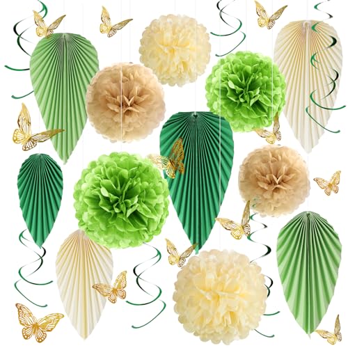 EASY JOY 16 Stück Dschungel Gartenparty Deko Hanging Girlande Dekorative Blätter Grünes Gold Pompons Deko Goldener Schmetterling von EASY JOY