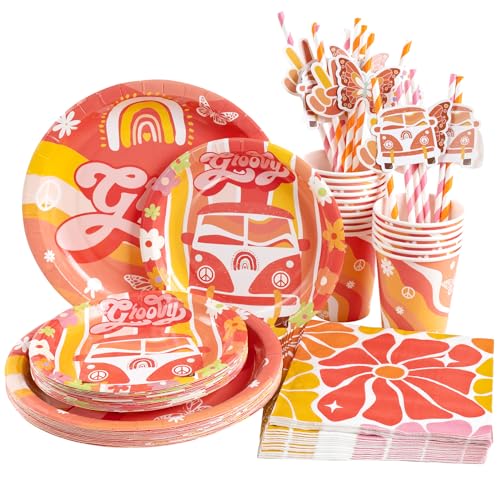 EASY JOY Boho Pappteller Set, Regenbogen Pappteller Kindergeburtstag Partyzubehör Pappteller, Teller Pappbecher Geschirr Servietten Stroh Teller für Boho Kinder Geburtstag Babyparty von EASY JOY