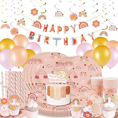 EASY JOY Boho Regenbogen Geburtstag Deko, 115stk Luftballons Partygeschirr Set 32 Pappteller 16 Pappbecher Strohhalme Banner Kuchendeko Tischdeko für Geburtstag Mädchen Kindergeburtstag Babyparty von EASY JOY