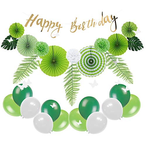 EASY JOY Geburtstagsdeko Grün Happy Birthday Girlande Tropische Blätter Luftballons Aufhängen Fächer Sommer für Geburtstag Partydeko von EASY JOY