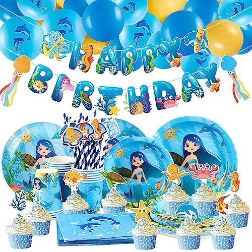 EASY JOY Meerjungfrau Ozean Geburtstag Deko 130stk Luftballons Partygeschirr Set 32 Pappteller 16 Pappbecher Happy Birthday Banner Kuchendeko Ozean Tiere für Geburtstag Party Kinder von EASY JOY