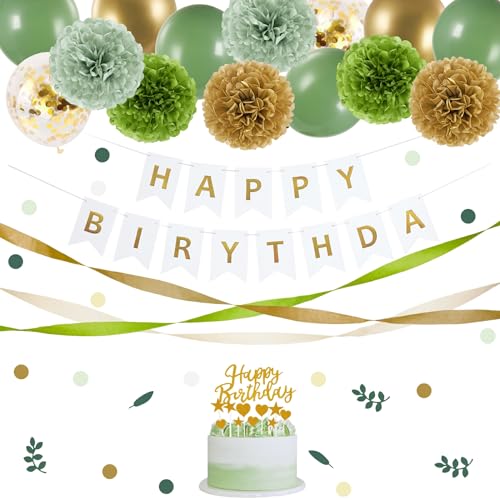 EASY JOY Salbeigrüne Partydekorationen, Goldenes Happy Birthday-Banner, salbeigrüne und goldene Luftballons, Seidenpapier-Pompons, olivgrüne Konfetti-Punkte-Deko, Neutrales Geburtstagsparty Zubehör von EASY JOY