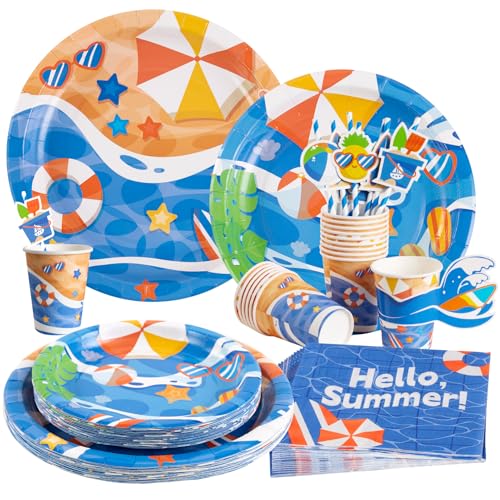 EASY JOY Sommerparty Geschirr Set,Beach Besteck,Hawaii Party Zubehör ,Tropische Luau Party Dekorationen,Teller Pappbecher Geschirr Servietten Stroh Teller für Unterwasserwelt Geburtstag Serviert von EASY JOY