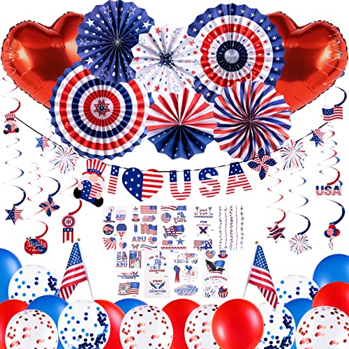 EASY JOY Unabhängigkeitstag Party Party Supplies, Ballon Papierfächer Fans Tattoo-Aufkleber Girlande Banner USA Flagge 4. Juli für Amerika Party, USA Party Deko, Abschiedsparty Deko von EASY JOY