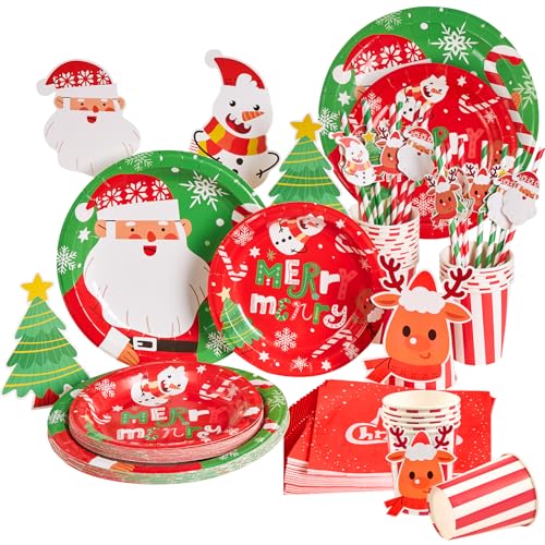 EASY JOY Weihnachten Partygeschirr Weihnachts Pappteller Servietten Pappbecher Papier Pipette Weihnachtselch Weihnachtsbaum und Weihnachtsmann Deko Weihnachten Geschirr Set für Party Deko(16 Gäste) von EASY JOY