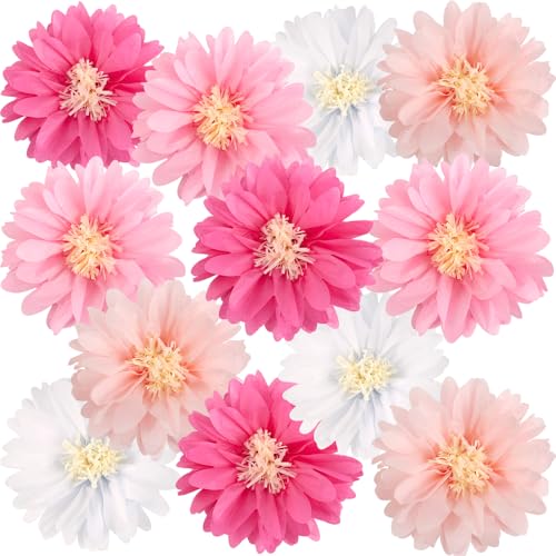 Easy Joy 12 Stück Papierblumen Pompons Deko,Rosa Gänseblümchen-PomPom Deko,Zimmer Deko Aesthetic,Papierblumen Zum Aufhängen für geburtstagsdeko mädchen Kindergeburtstag,Gartenparty,Geburtstagsdeko von EASY JOY