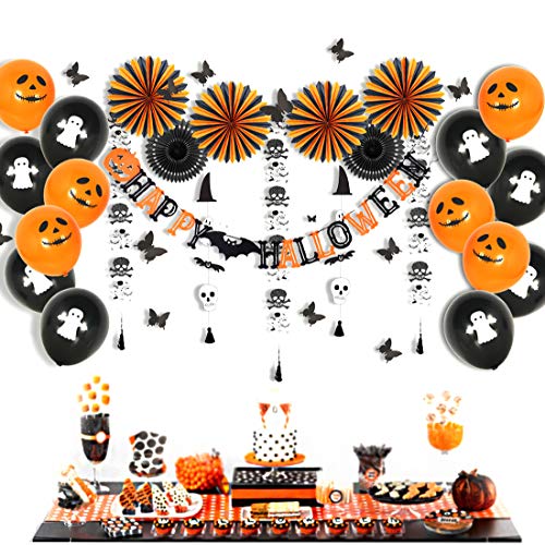Easy Joy Deko Halloween Ballon Set schwarz orange Halloween hängend Girlande Papier Dekoration + Happy Halloween Banner von EASY JOY