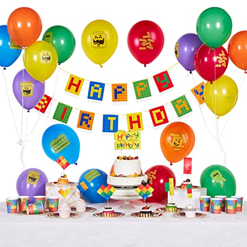 Easy Joy Geburtstagsdeko Thema Bausteine Party Deko, Kindergeburtstag Deko Latexballons, Papierplatte, Papierbecher, HAPPY BIRTHDAY banner für Kinder Jungen Mädchen von EASY JOY