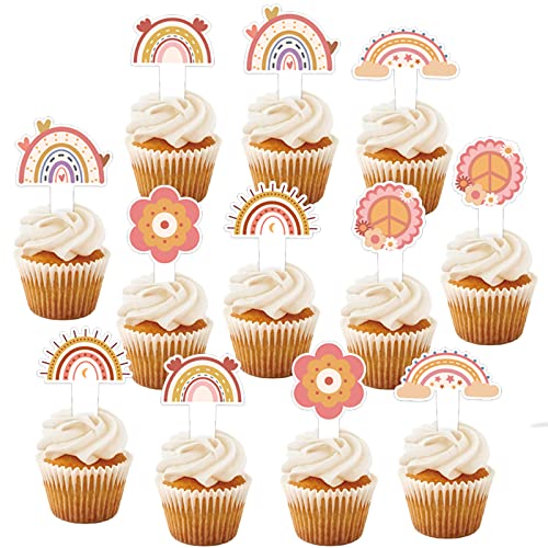 Easy Joy 24pcs Tortendeko Geburtstag Boho Regenbogen, Cupcake Toppers Blumen deko Kuchendeko Mädchen Rainbow Happy Birthday für Kinder Mädchen Junge von EASY JOY