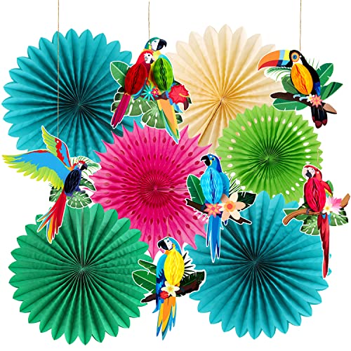 EASY JOY Tropische Hawaii Party Deko 12er-Set Papier Fächer Set Papagei Vogel Deko Sommer Dekoration BBQ Tropischen Beach Garten Party von EASY JOY